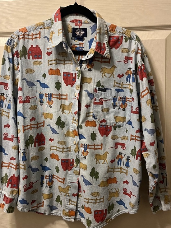 Dockers Tops - Dockers Vintage Women’s Light Blue Farm Print Button-Down Shirt Size L Farmcore